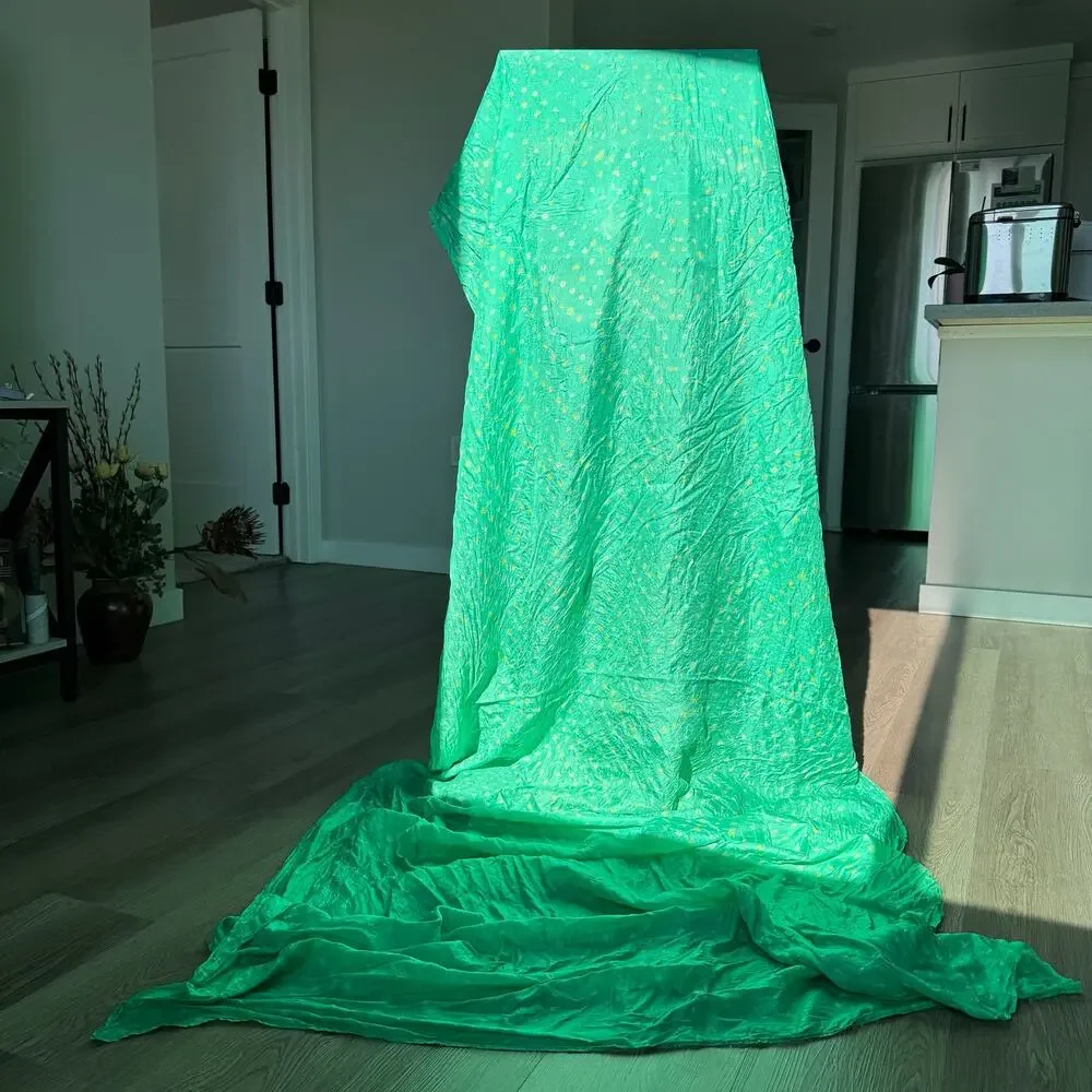 Oversized Green Silk Scarf Wrap Shawl Bandhani Style 100x42 Lightweight
